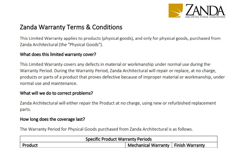 Warranty Zanda